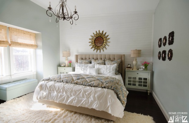 Master bedroom white plank wall