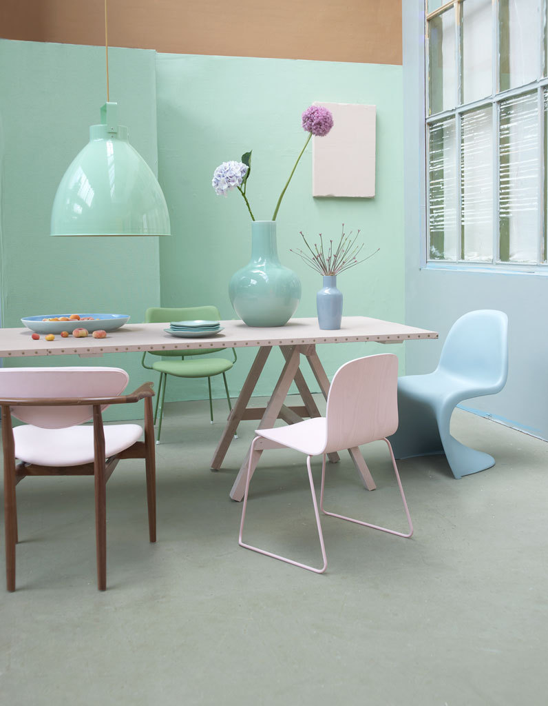 pastel chairs around table