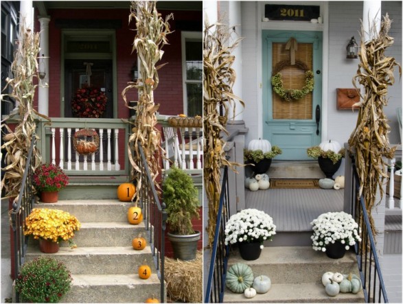 Porch decorated for fall in 2008 and 2014.