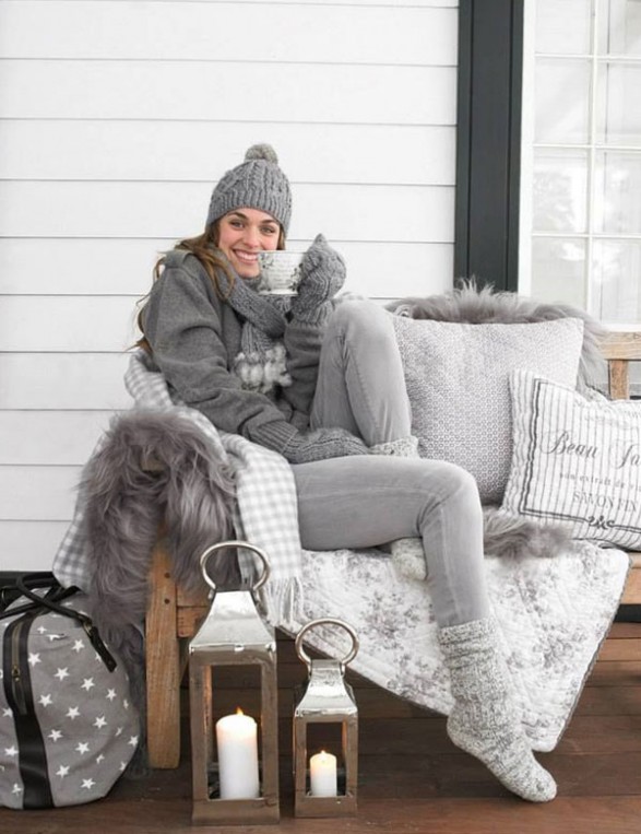 cozy gray porch decorating