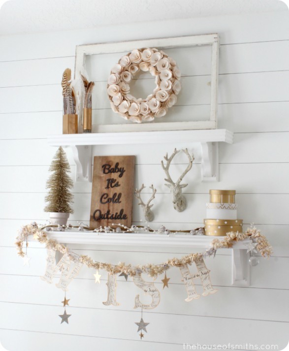 winter decorating gold shelves