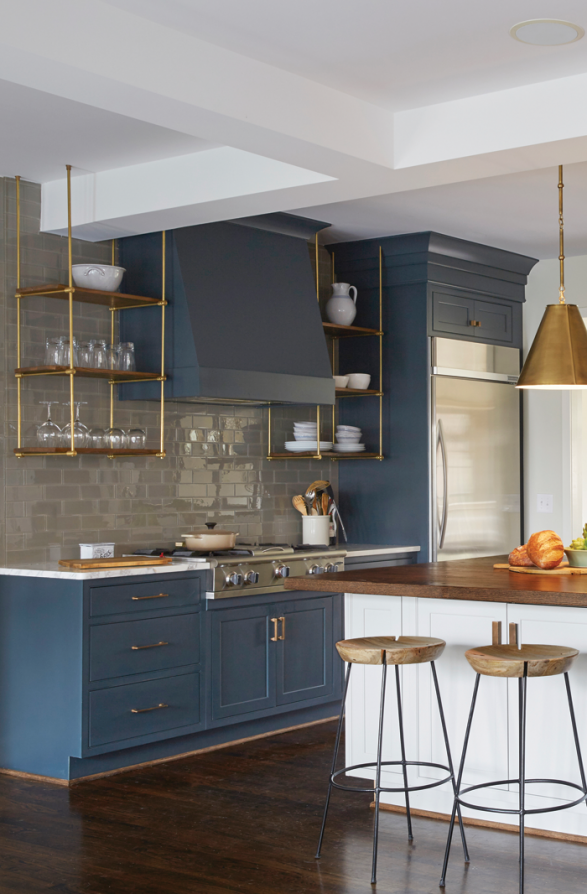Slate blue cabinets with gold hardware