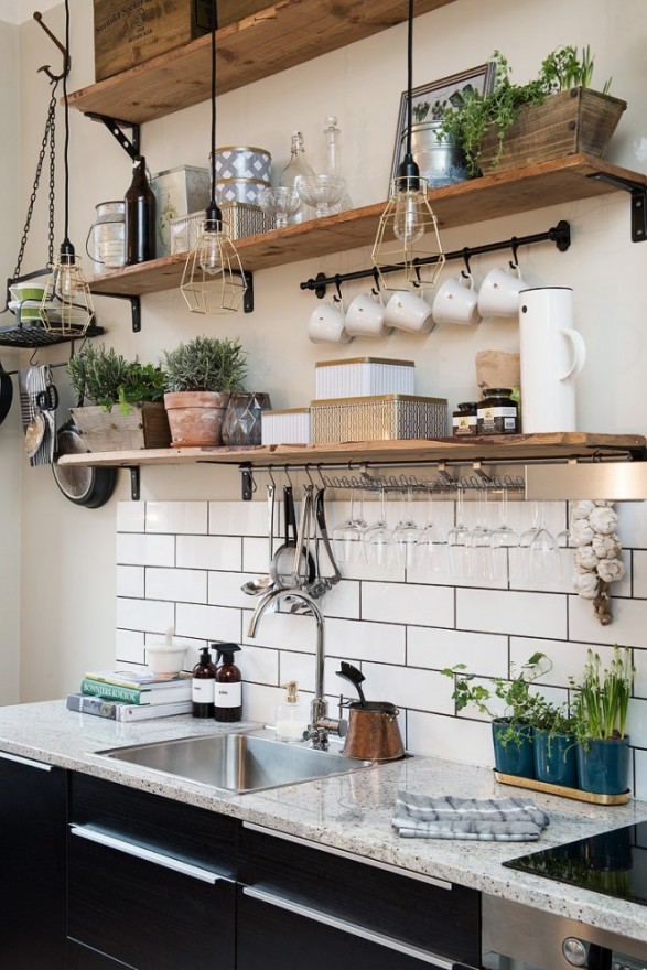 small kitchen open shelves