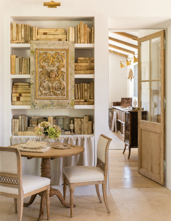 French country farmhouse bookshelves dining nook