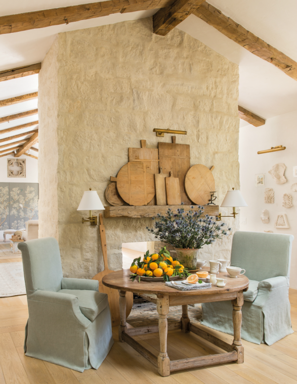 French farmhouse french country dining wood beams