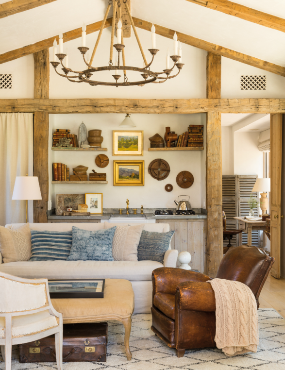 French farmhouse living room with wood beams