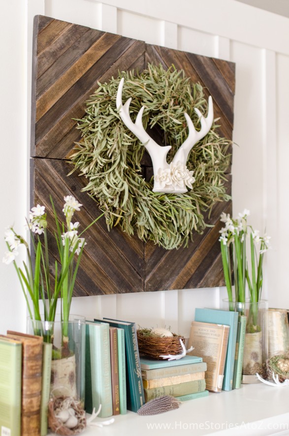 Spring mantel antler wreath bird's nest | decorating with books