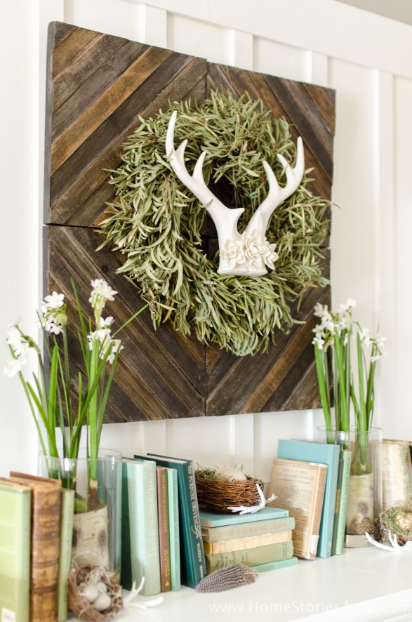 Spring mantel idea | antlers wreath