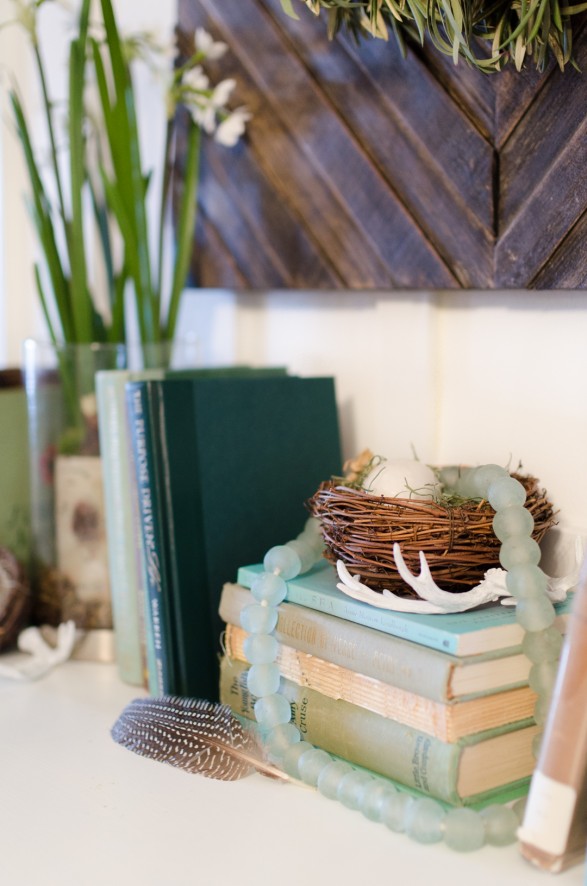 Spring mantel ideas. Birds nest and books mantel