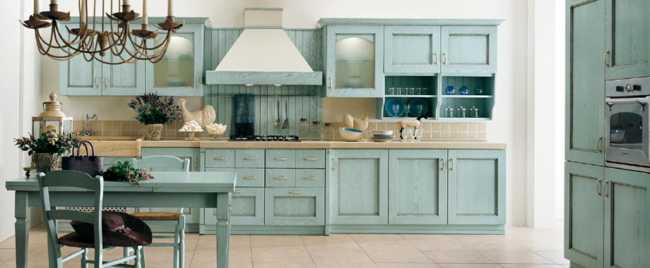 Beautiful blue painted kitchen cabinets