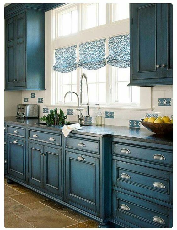 Blue Kitchen cabinets with dark glaze
