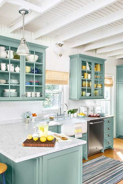 Green blue kitchen cabinets