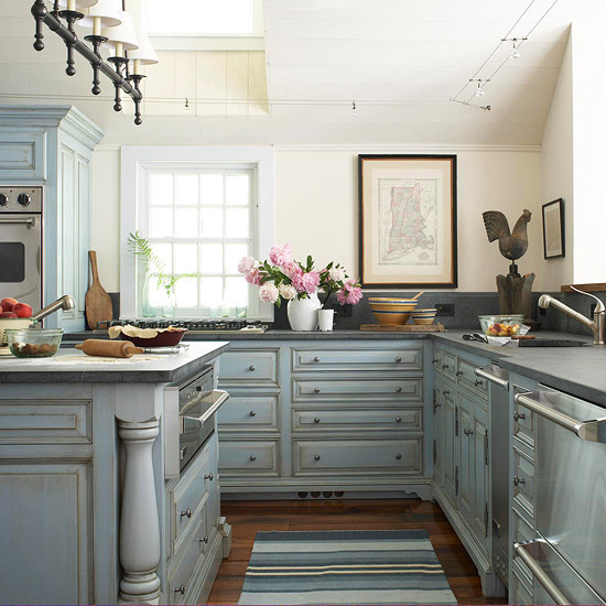 blue glazed kitchen cabinets