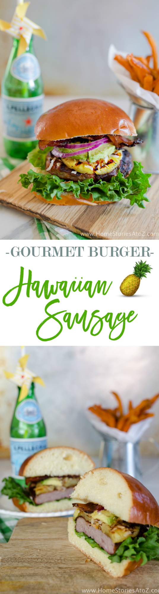 Fantastic gourmet burger recipe! Hawaiian Sausage Burger made with sausage, grilled pineapple, toasted coconut, avocado, and jalapeno bacon