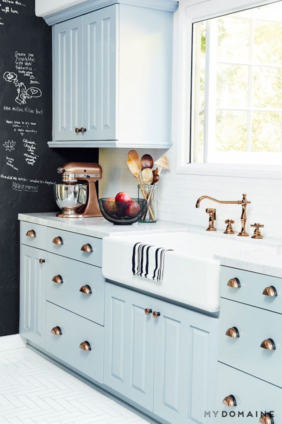 light blue kitchen cabinets gold hardware