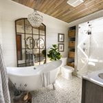 Master bathroom farmhouse bath clawfoot tub wood ceiling