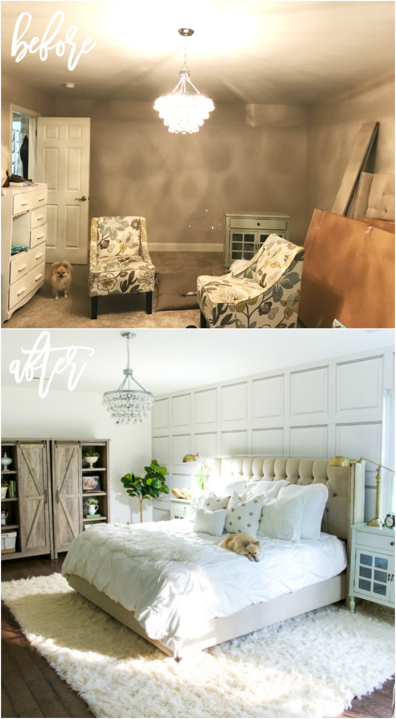 White bedroom makeover wallpaper barn door cabinet