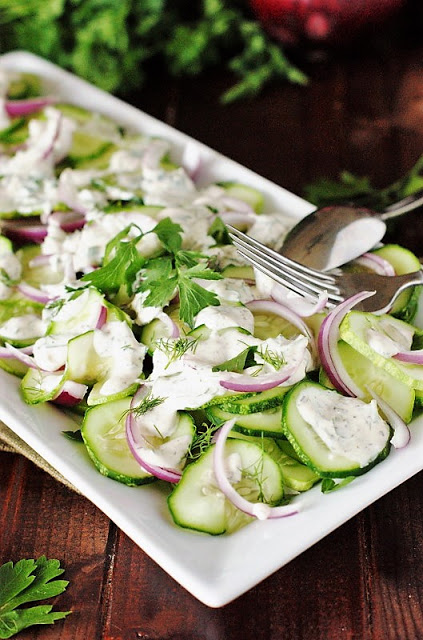 80+ Best Summer Recipes - Creamy Cucumber Salad with Fresh Herbs by The Kitchen is My Playground