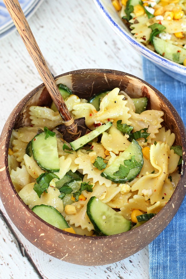 80+ Best Summer Recipes - Cucumber and Sweet Corn Pasta Salad by Clean and Scentsible