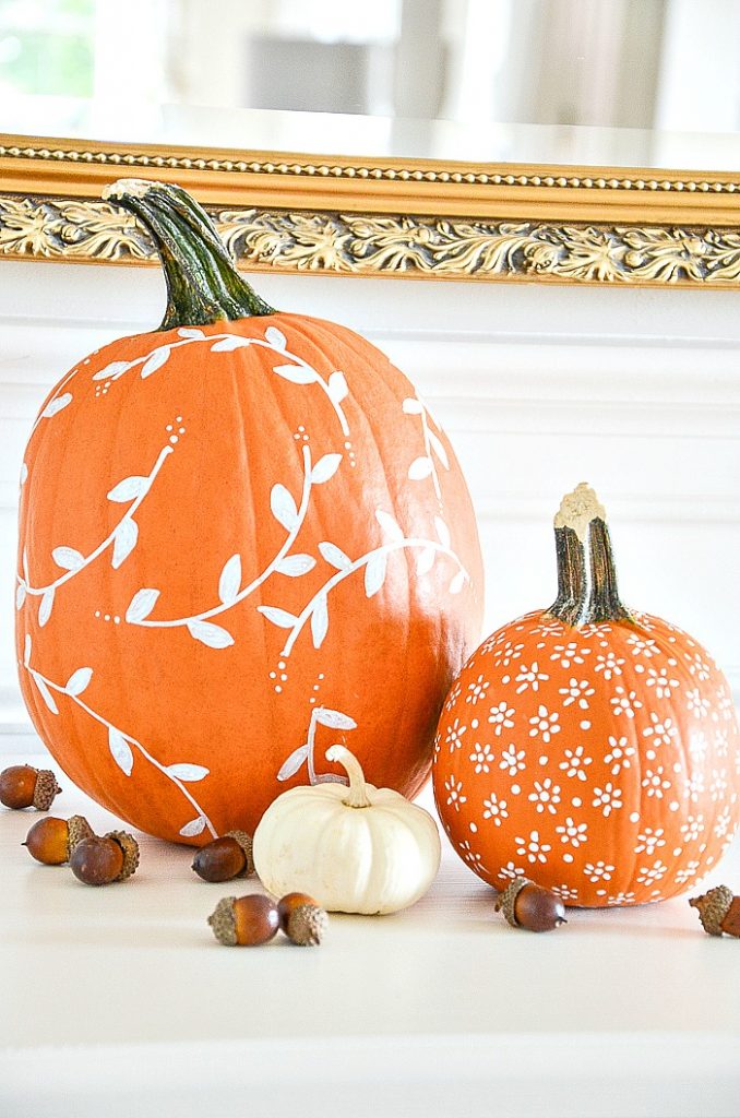 DIY Pumpkin Painting Ideas - White Patterned Pumpkin by Stone Gable Blog