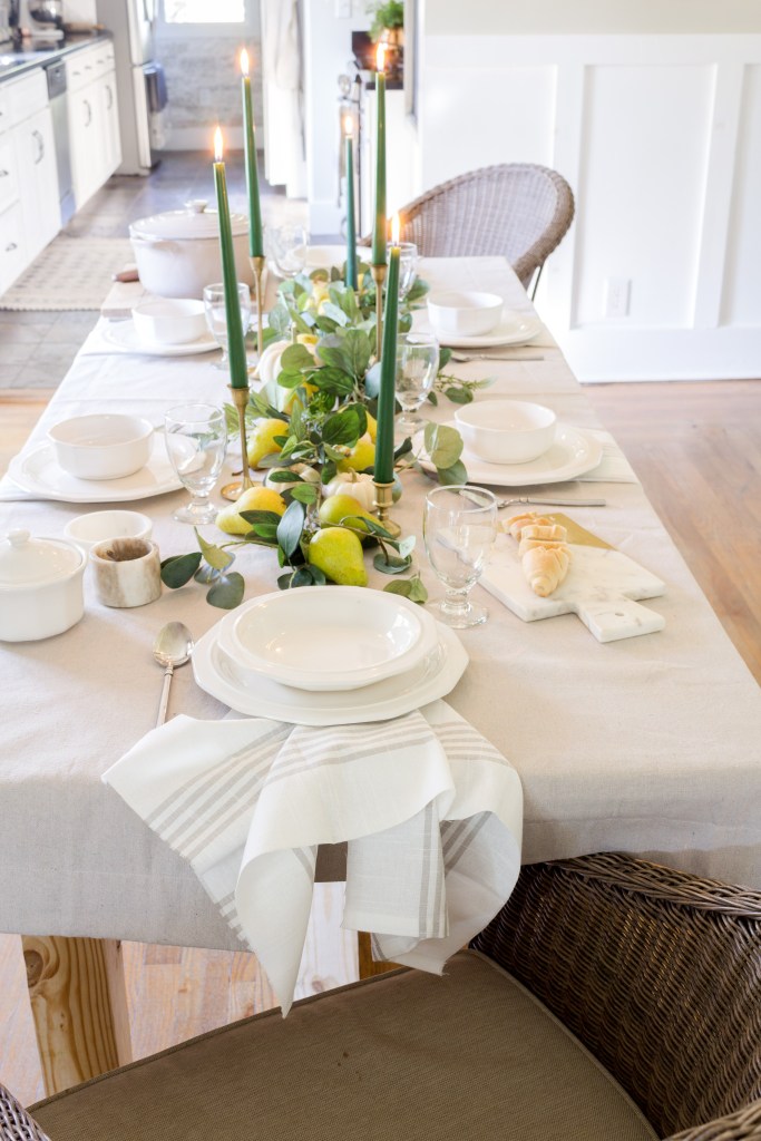 Fall Dining Room Ideas - Pears White Pumpkins and Eucalyptus Fall Table by Pine & Prospect Home