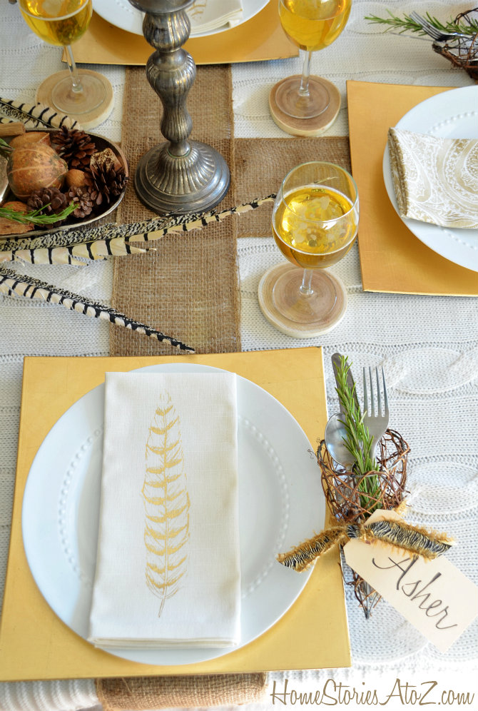 Thanksgiving Place Setting Ideas - Natural Elements and Metallic Thanksgiving Table Setting by Home Stories A to Z