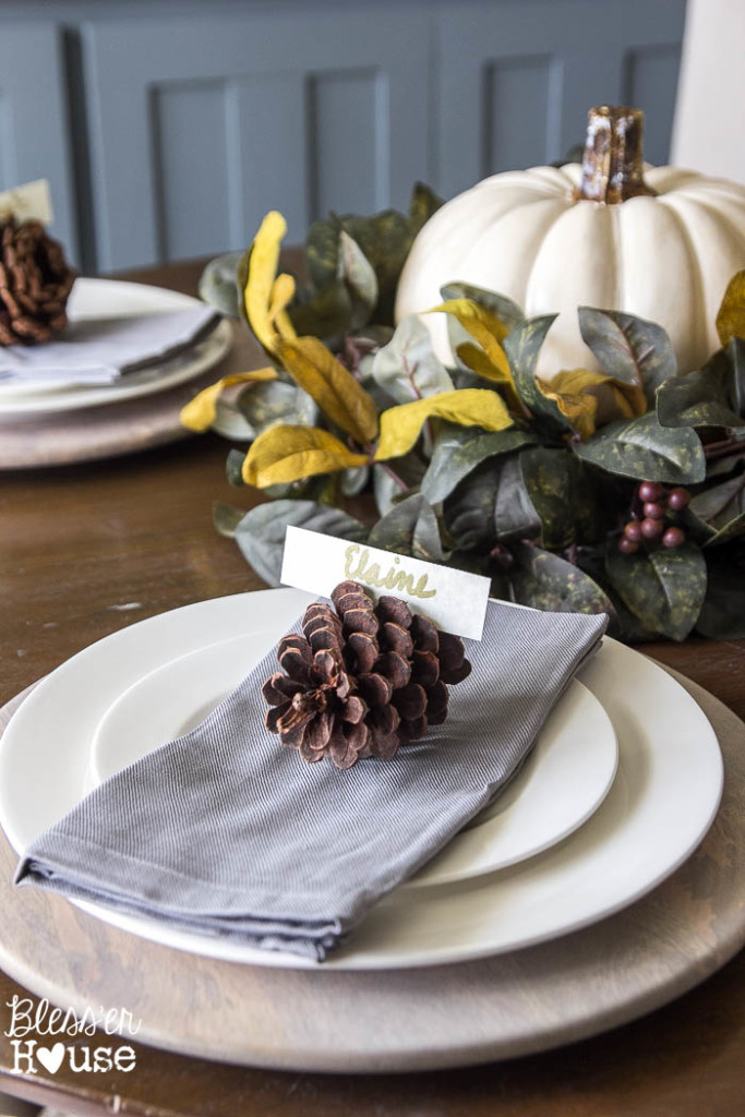 Thanksgiving Place Setting Ideas - Pinecone Place Cards by Bless'er House
