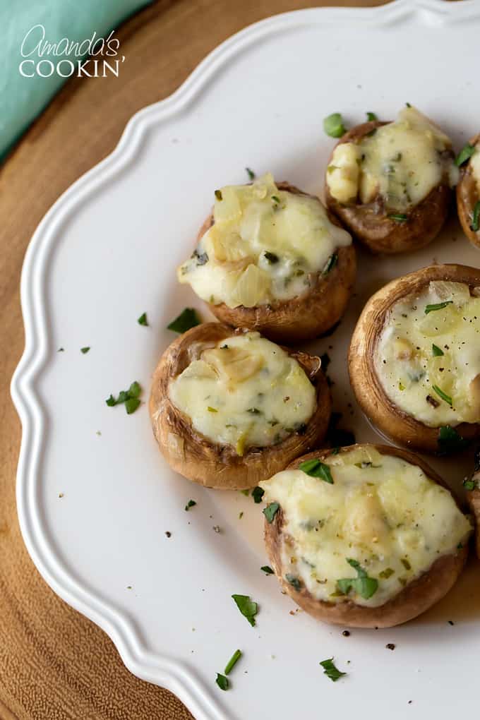 100+ Appetizer Ideas - Mozzarella Parmesan Stuffed Mushrooms by Amanda's Cookin'