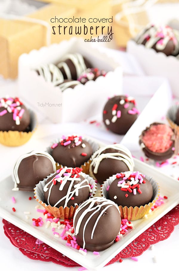 Valentine Treat Ideas - Chocolate Covered Strawberry Cake Balls by TidyMom