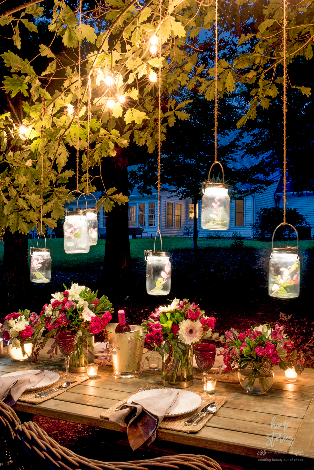 Entertaining Outdoors Using String Lights - Gorgeous Outdoor Tablescape by Home Stories A to Z