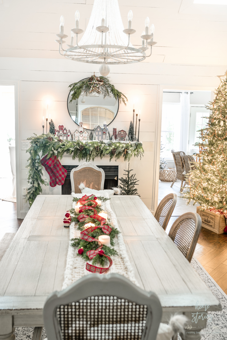 Cozy Traditional Christmas Decor in Dining Room: Christmas Village Mantel