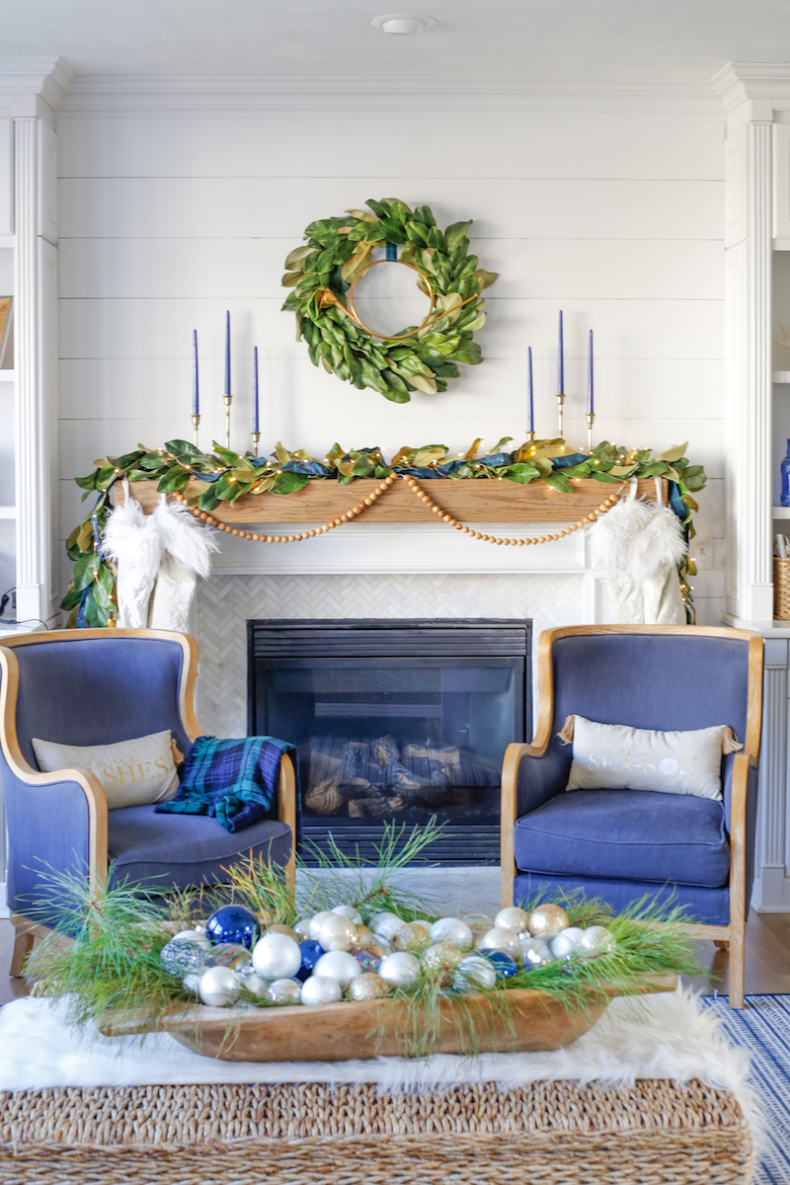 Christmas Mantel Decorating Ideas - Blue and Plaid Christmas Home Tour by Sand & Sisal