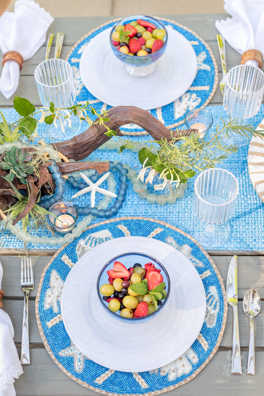 coastal blue white table setting