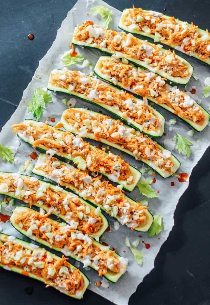 Summer Squash and Zucchini Recipes - Buffalo Chicken Zucchini Boats by Destination Delish