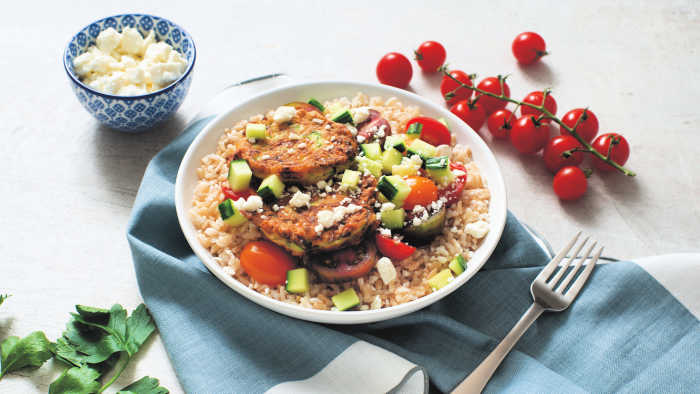 Summer Squash and Zucchini Recipes - Zucchini Fritter mediterranean Rice Bowl by Mommy Evolution