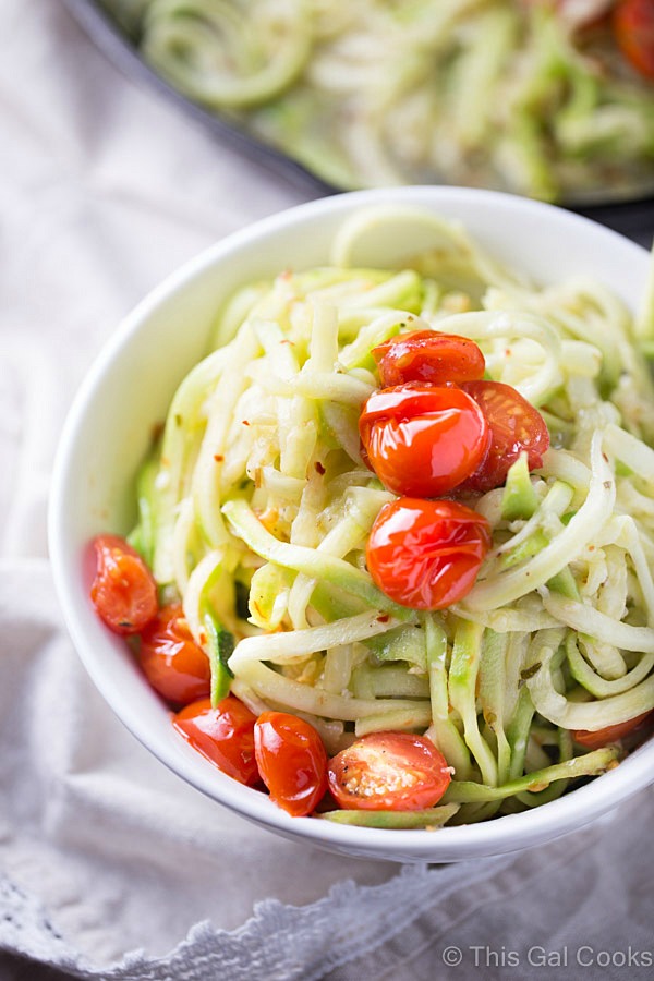 Summer Squash and Zucchini Recipes - Zucchini Noodles with Roasted Tomatoes by This Gal Cooks