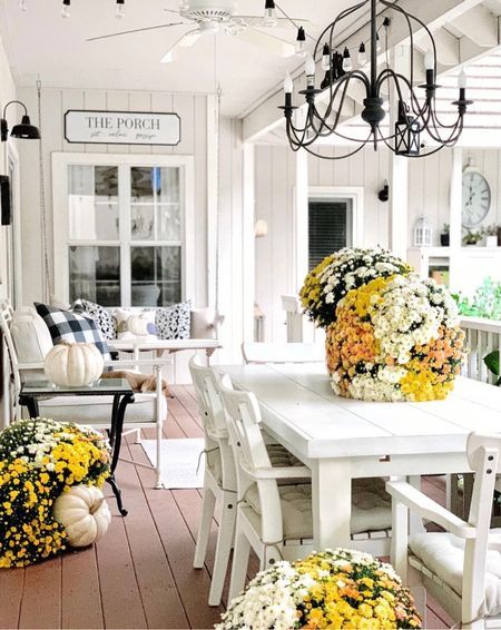 Fall Porch Ideas - Neutral Tones with Yellow and White Mums by Home Hydrangea
