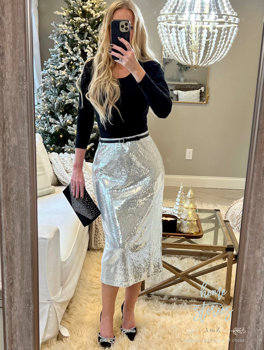 silver sequin skirt new year's outfit