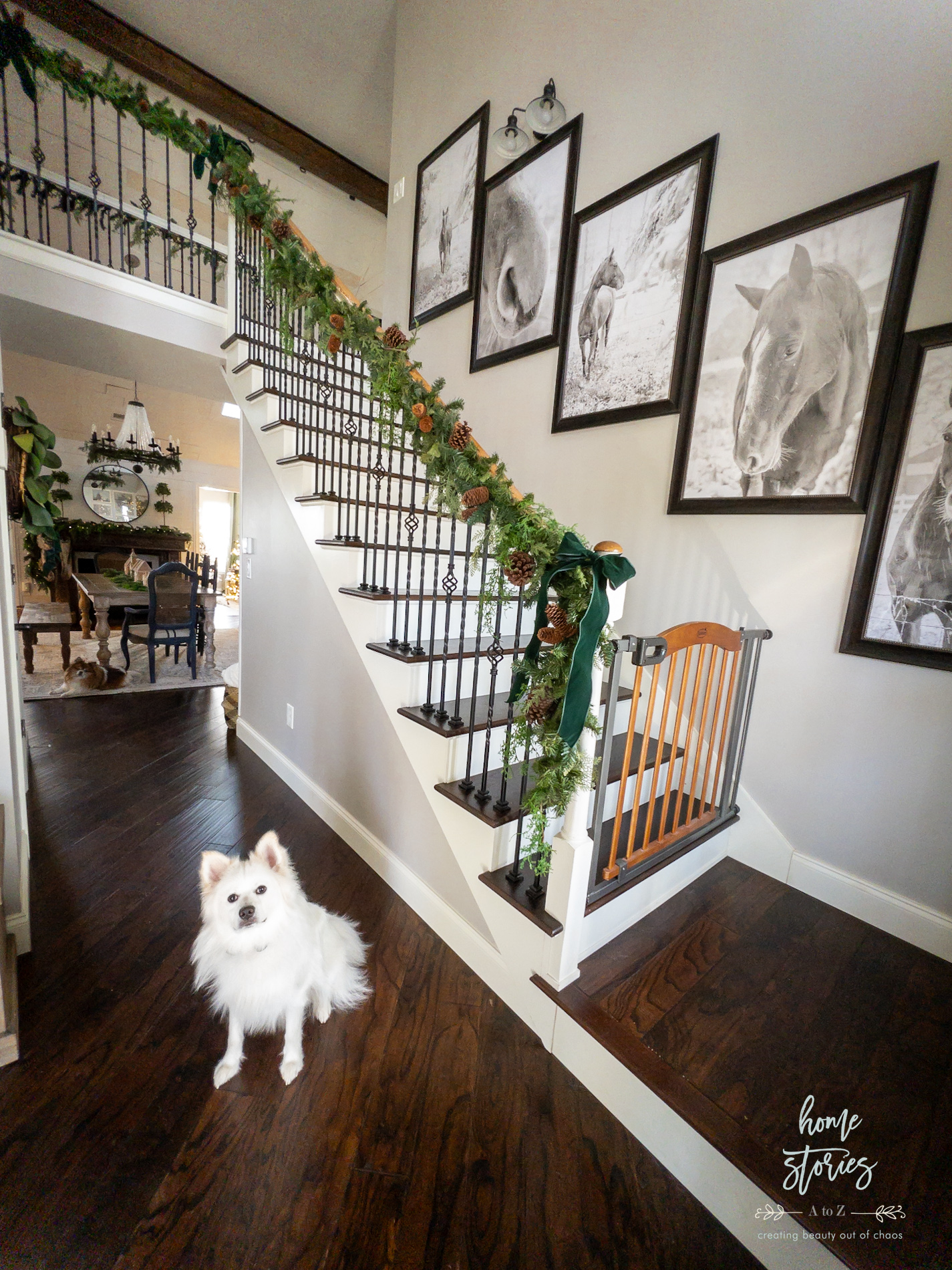 Christmas entryway neutral greenery with white dog