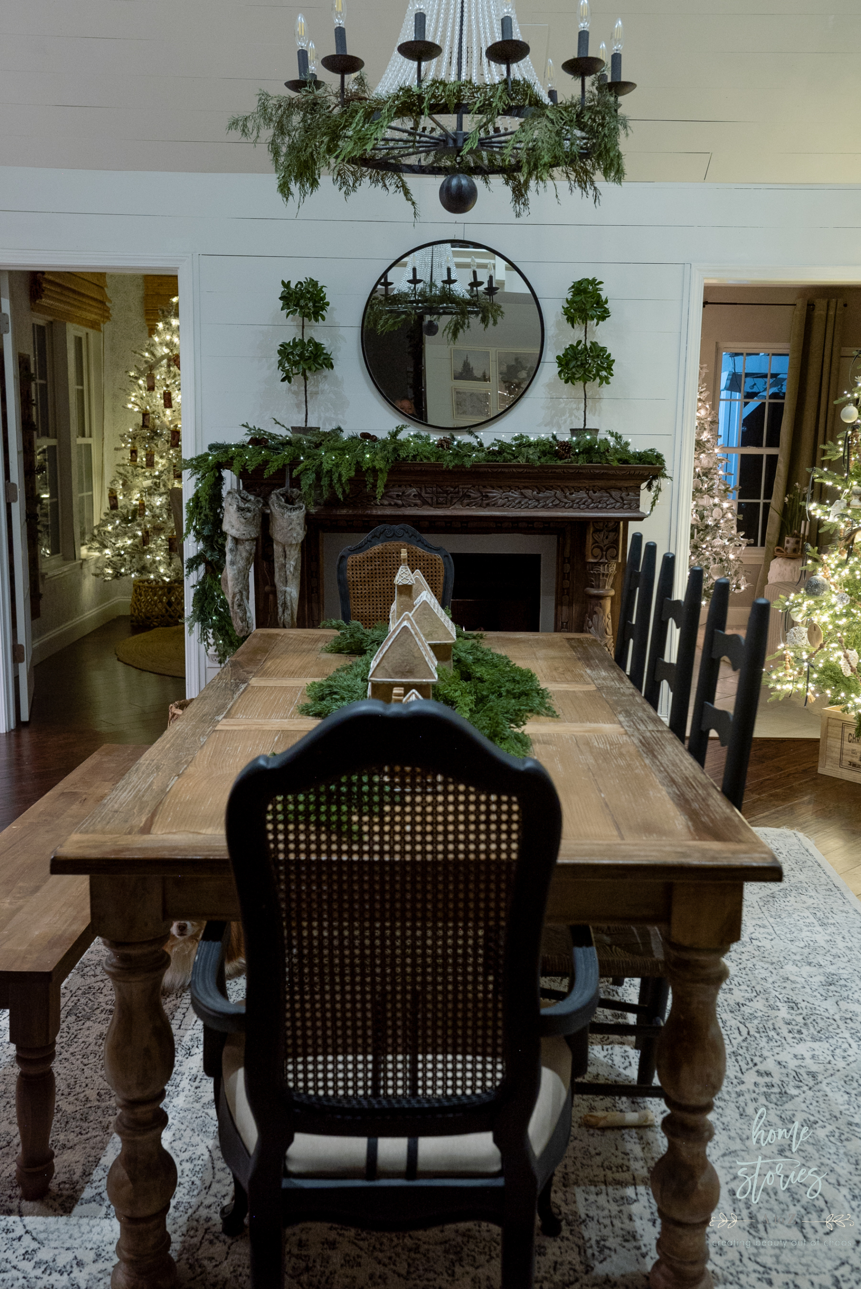 gingerbread house decor on farmhouse Christmas table