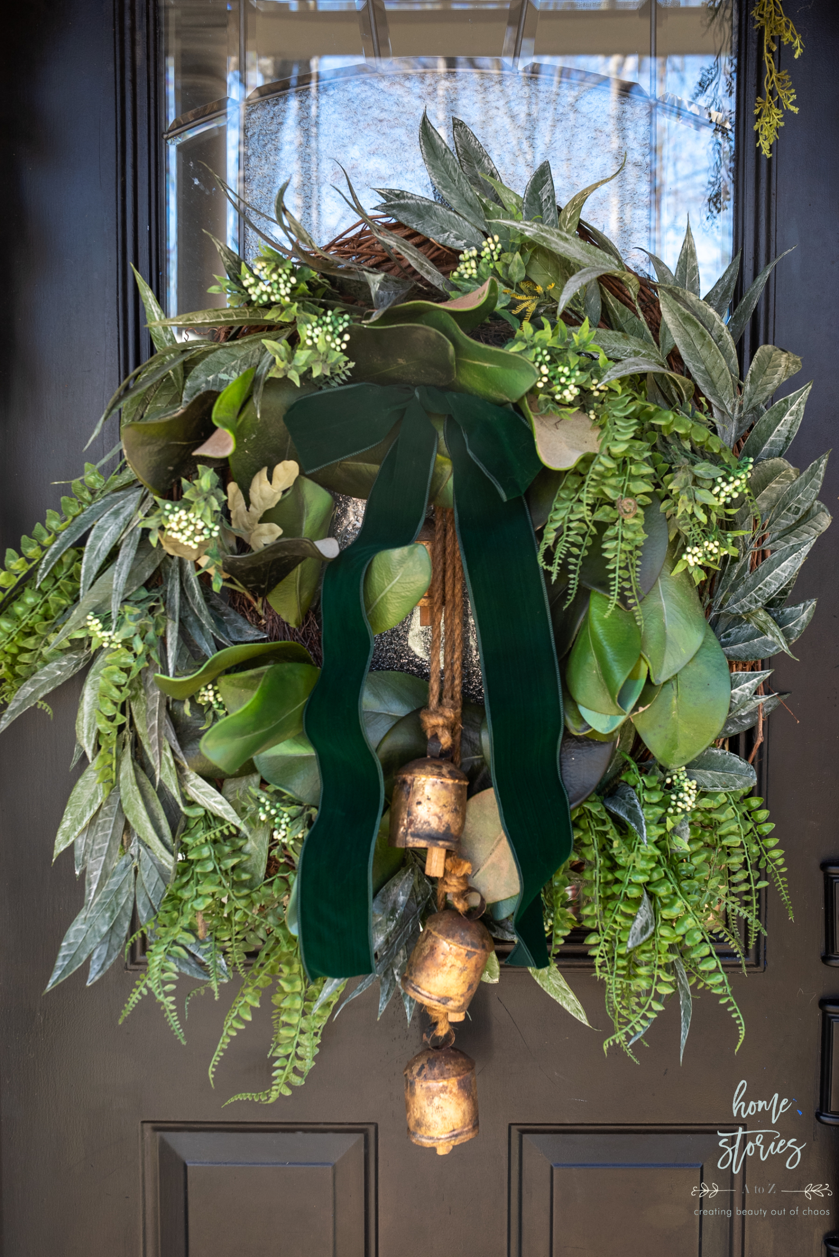 Mixed Greens Christmas Porch Wreath Green Velvet Bow
