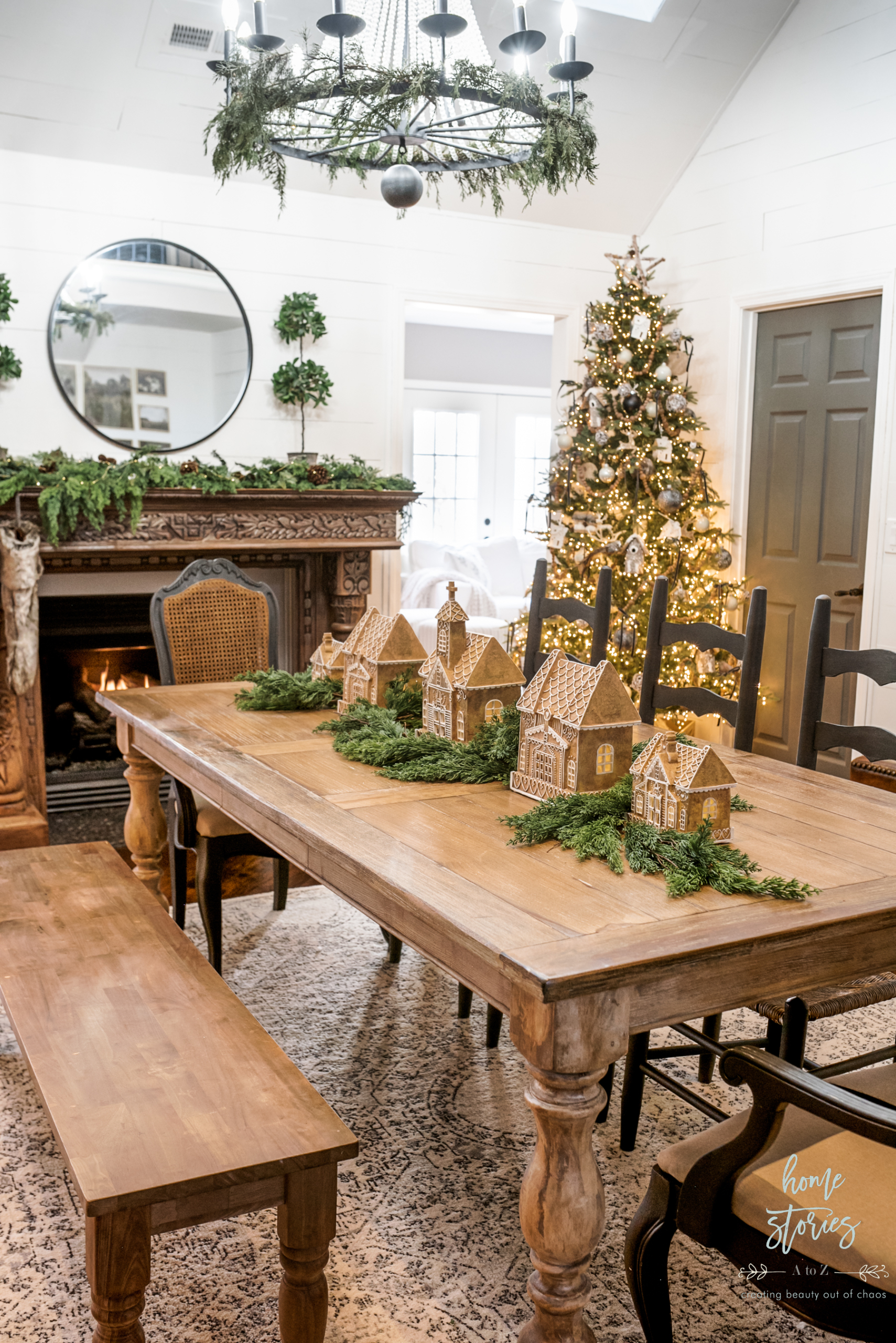 gingerbread house decor on farmhouse Christmas table