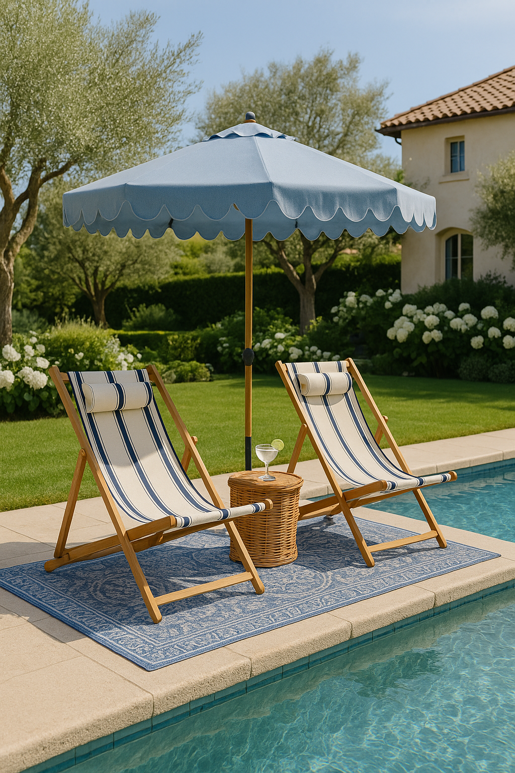 Slingback Affordable Pool Chairs with Blue scalloped umbrella
